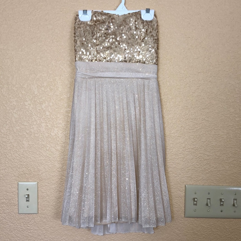 Short, strapless, gold homecoming/formal dress